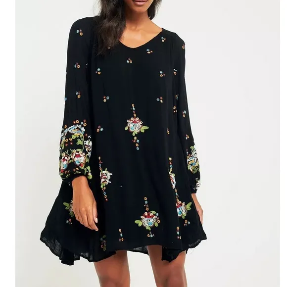 Free People Oxford Black Embroidered Long Balloon Sleeve Open Back Mini Dress S