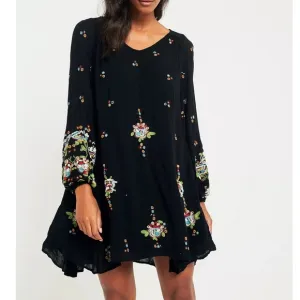 Free People Oxford Black Embroidered Long Balloon Sleeve Open Back Mini Dress S