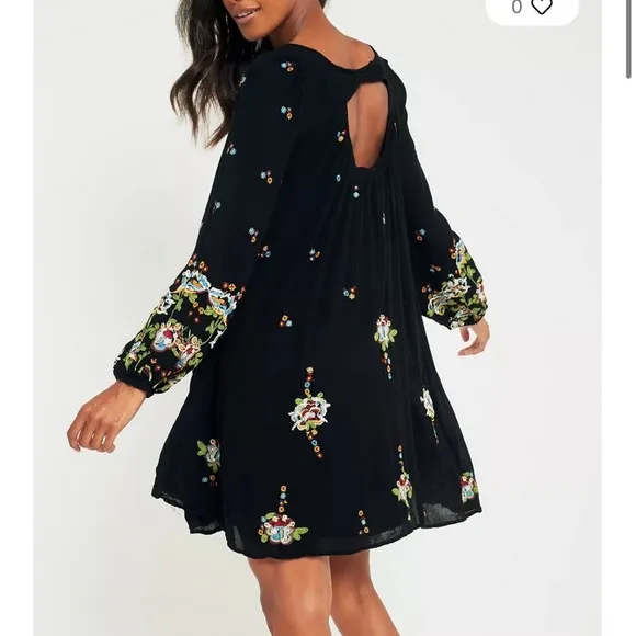 Free People Oxford Black Embroidered Long Balloon Sleeve Open Back Mini Dress S