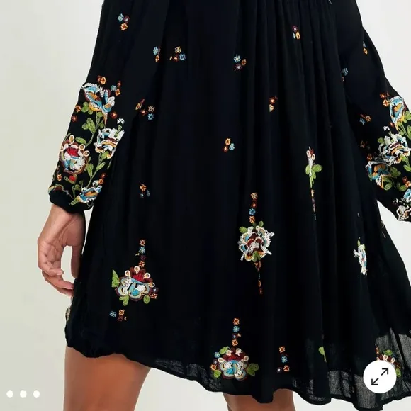 Free People Oxford Black Embroidered Long Balloon Sleeve Open Back Mini Dress S