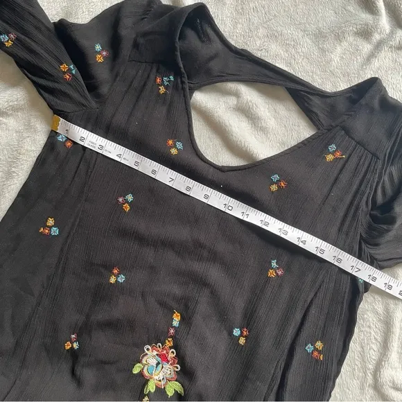 Free People Oxford Black Embroidered Long Balloon Sleeve Open Back Mini Dress S