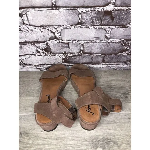 Free People Plum Taupe Suede Platform Ankle Strap Sandals Women Sz 38EU/7.5M US