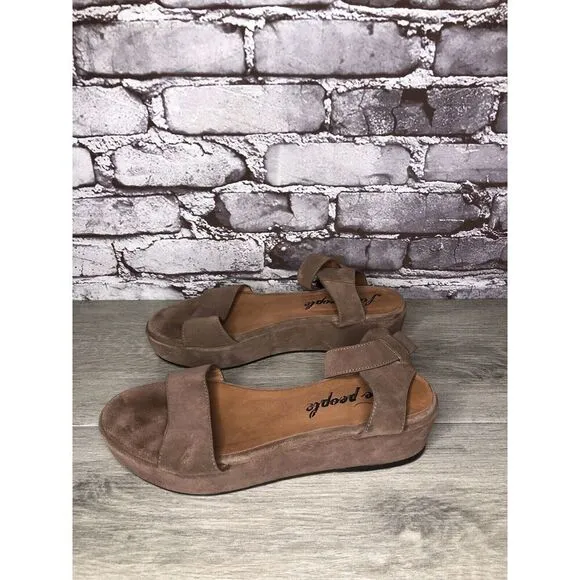 Free People Plum Taupe Suede Platform Ankle Strap Sandals Women Sz 38EU/7.5M US