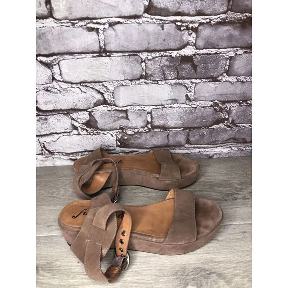 Free People Plum Taupe Suede Platform Ankle Strap Sandals Women Sz 38EU/7.5M US