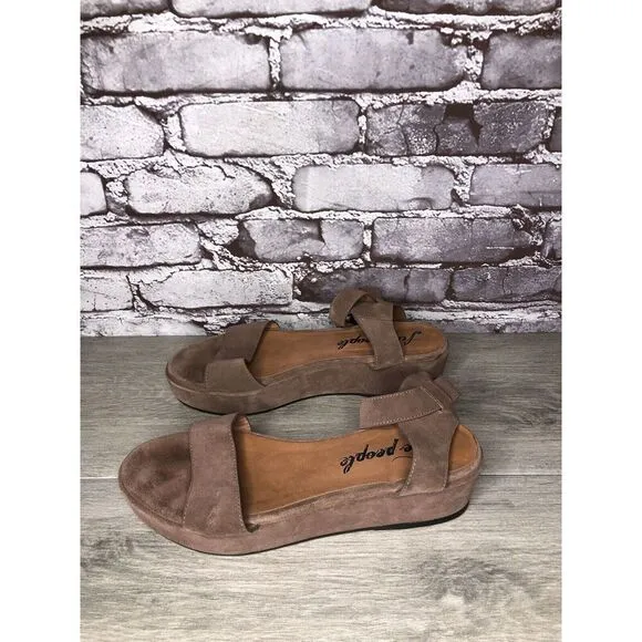 Free People Plum Taupe Suede Platform Ankle Strap Sandals Women Sz 38EU/7.5M US