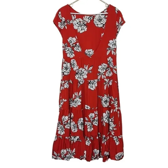 Free People Rita Tiered Flowy Midi Dress Red Floral Print Scoop Open Back S