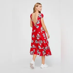 Free People Rita Tiered Flowy Midi Dress Red Floral Print Scoop Open Back S