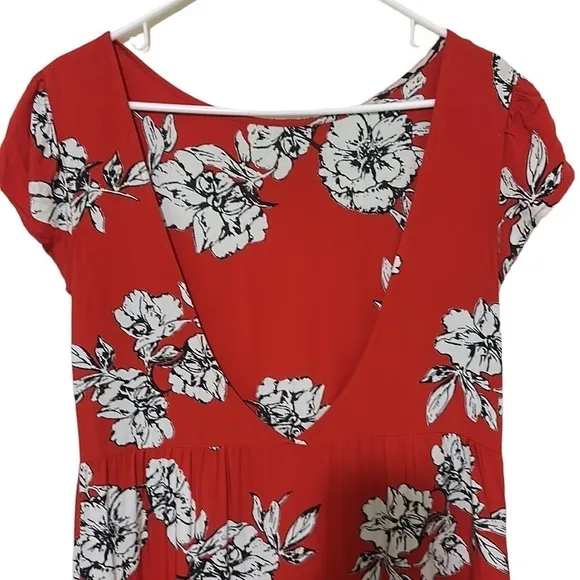 Free People Rita Tiered Flowy Midi Dress Red Floral Print Scoop Open Back S