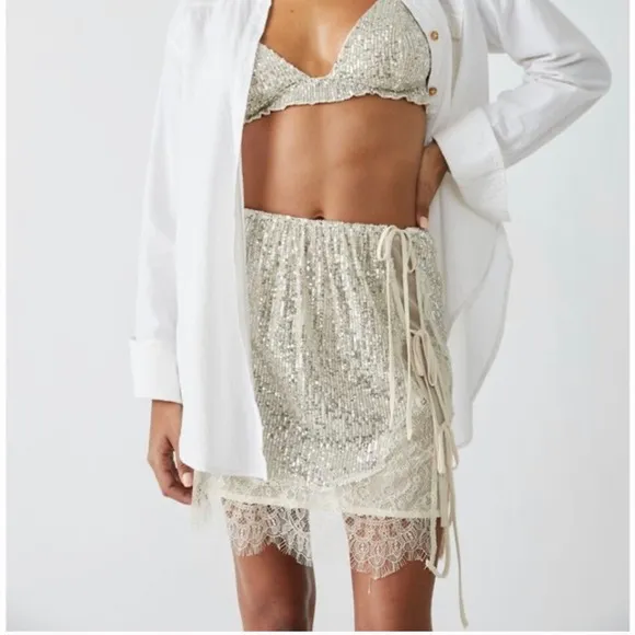 FREE PEOPLE Rush Half Slip Mini Skirt Silver Combo NWT