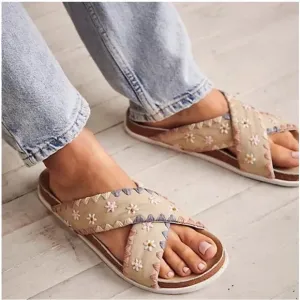 FREE PEOPLE Washed Natural Wildflower Embroidered crossband Sandals sz E…