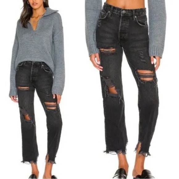 Free People We The Free Obsidian Distressed Tapered Baggy Boyfriend Jeans
