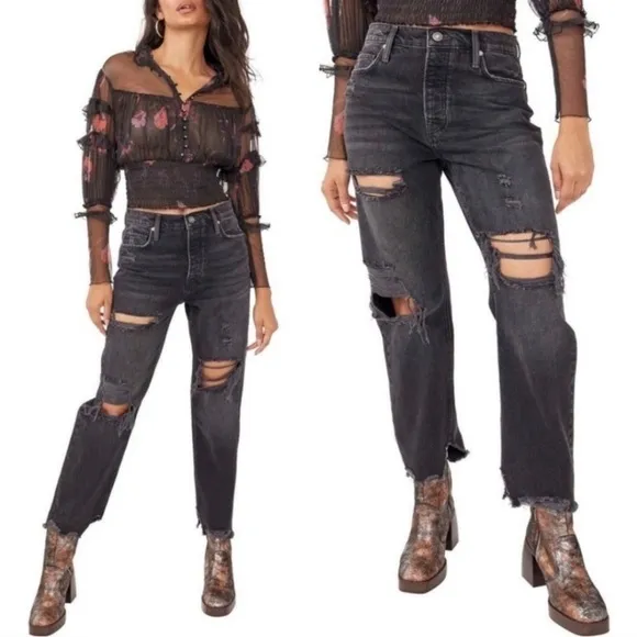 Free People We The Free Obsidian Distressed Tapered Baggy Boyfriend Jeans