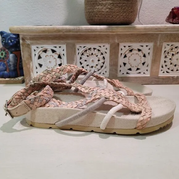 Free People Womens Sz 6.5 Denali Woven Footbed Sandals Neutral Earthy Shoes Boho