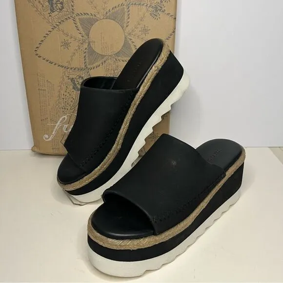 Free People Santorini Espadrille Platform Leather Sandals Black 7.5 New In Box