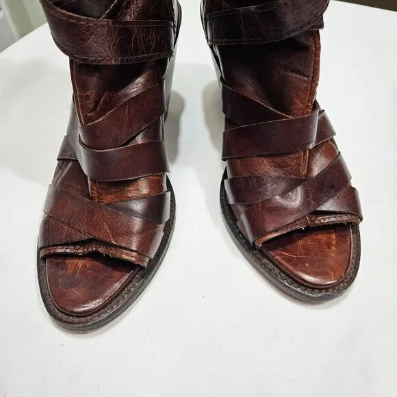 Freebird By Steven Joker Women's Leather Heeled Sandals Size 6 Brown Peep Toe
