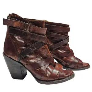 Freebird By Steven Joker Women's Leather Heeled Sandals Size 6 Brown Peep Toe