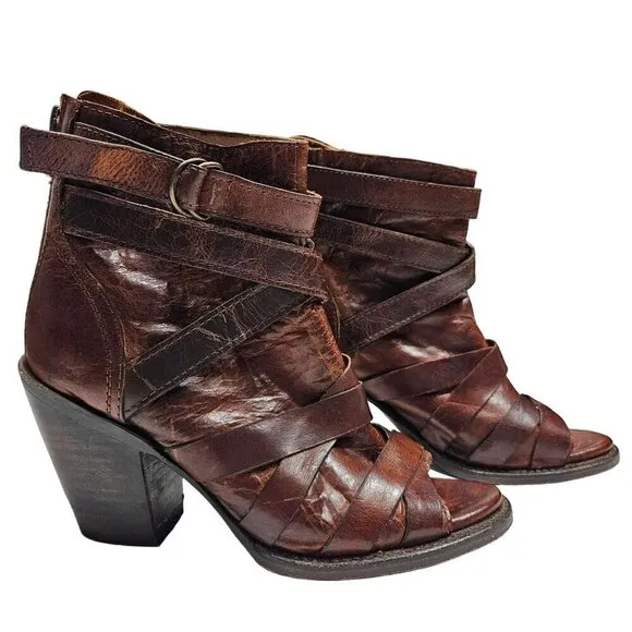 Freebird By Steven Joker Women's Leather Heeled Sandals Size 6 Brown Peep Toe