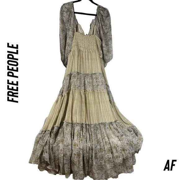 FREE PEOPLE YOUR A JEWEL PRINTED MAXI DRESS IN GREY TEA NWT LARGE
