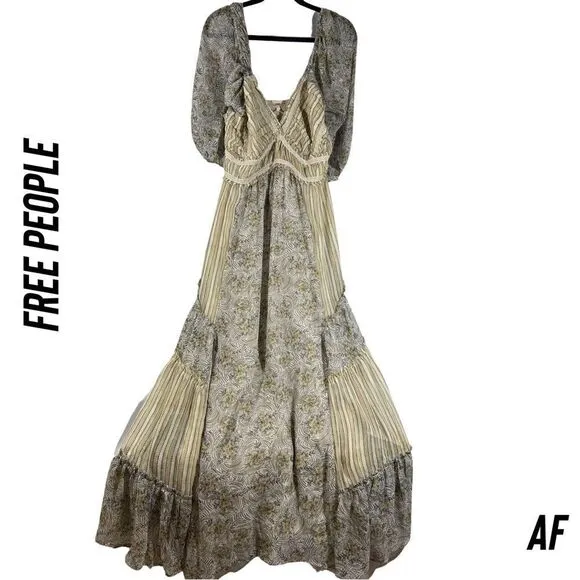 FREE PEOPLE YOUR A JEWEL PRINTED MAXI DRESS IN GREY TEA NWT LARGE