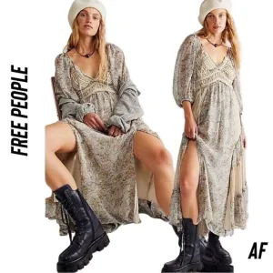 FREE PEOPLE YOUR A JEWEL PRINTED MAXI DRESS IN GREY TEA NWT LARGE