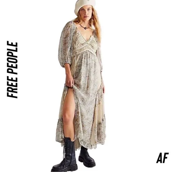 FREE PEOPLE YOUR A JEWEL PRINTED MAXI DRESS IN GREY TEA NWT LARGE