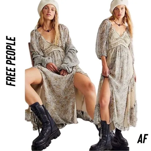 FREE PEOPLE YOUR A JEWEL PRINTED MAXI DRESS IN GREY TEA NWT LARGE