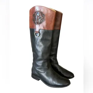 FRYE | Melissa Logo Black/Brown Tall Boots | Size 8.5