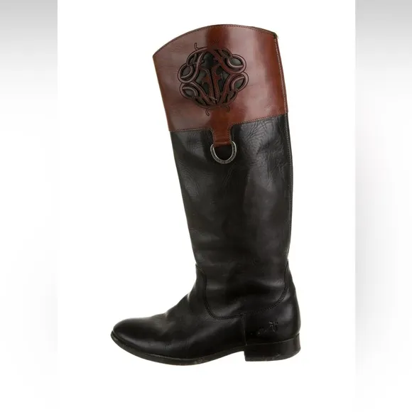 FRYE | Melissa Logo Black/Brown Tall Boots | Size 8.5
