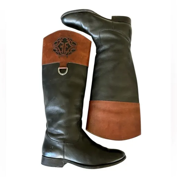 FRYE | Melissa Logo Black/Brown Tall Boots | Size 8.5