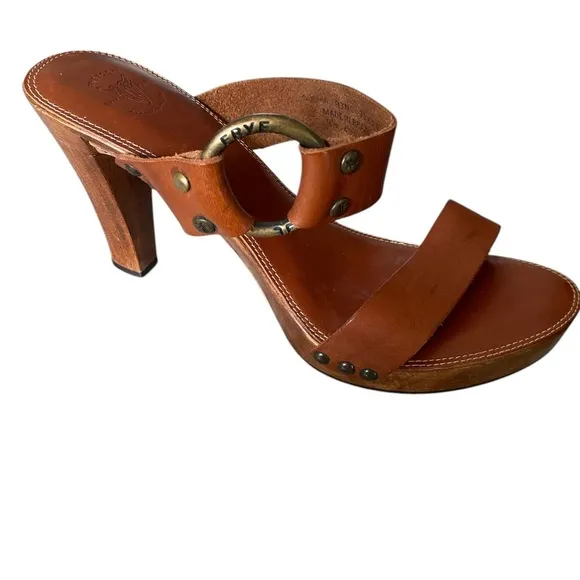 Frye Sophia Ring Slip On Wooden High Heel Leather Sandals Brown US 8 M