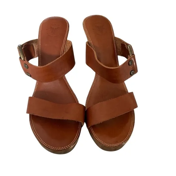 Frye Sophia Ring Slip On Wooden High Heel Leather Sandals Brown US 8 M