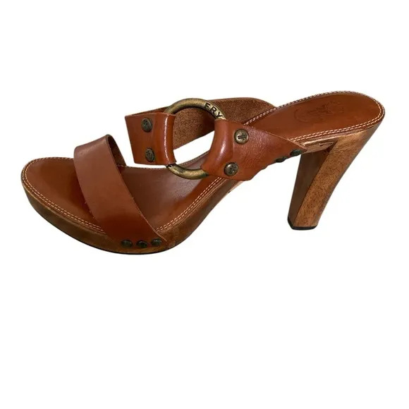 Frye Sophia Ring Slip On Wooden High Heel Leather Sandals Brown US 8 M