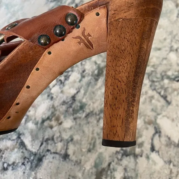 Frye Sophia Ring Slip On Wooden High Heel Leather Sandals Brown US 8 M
