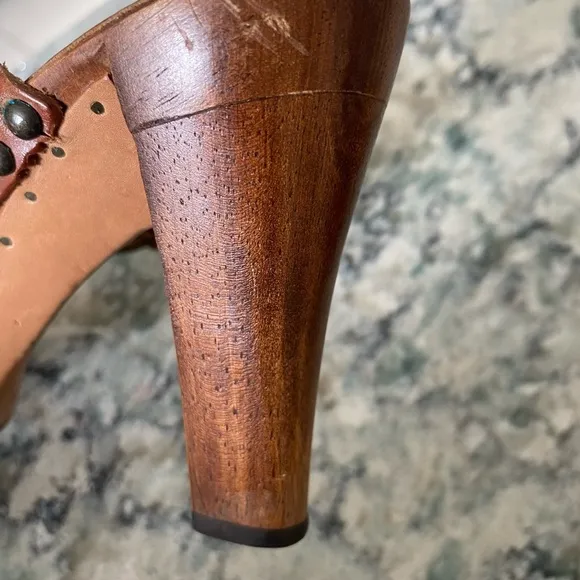 Frye Sophia Ring Slip On Wooden High Heel Leather Sandals Brown US 8 M