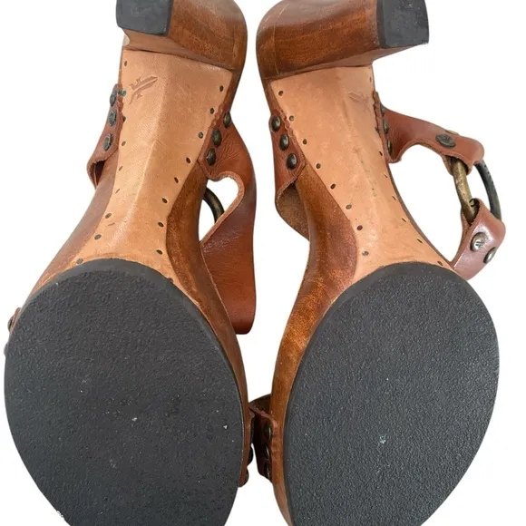 Frye Sophia Ring Slip On Wooden High Heel Leather Sandals Brown US 8 M
