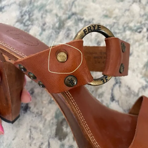 Frye Sophia Ring Slip On Wooden High Heel Leather Sandals Brown US 8 M