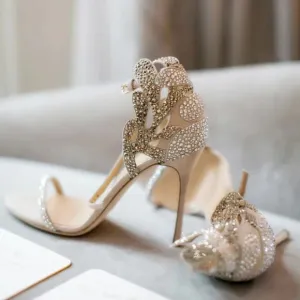 FSJ Champagne Wedding Shoes Rhinestone Stiletto Heels Bridal Sandals