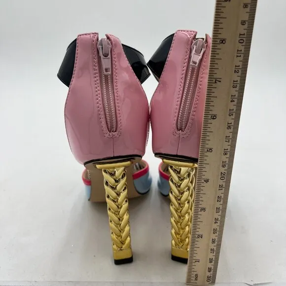 FSJ Multicolored Sandal Gold Metal Chain Thick High Heel Open Toe T Strappy Shoe