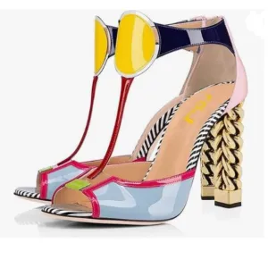 FSJ Multicolored Sandal Gold Metal Chain Thick High Heel Open Toe T Strappy Shoe