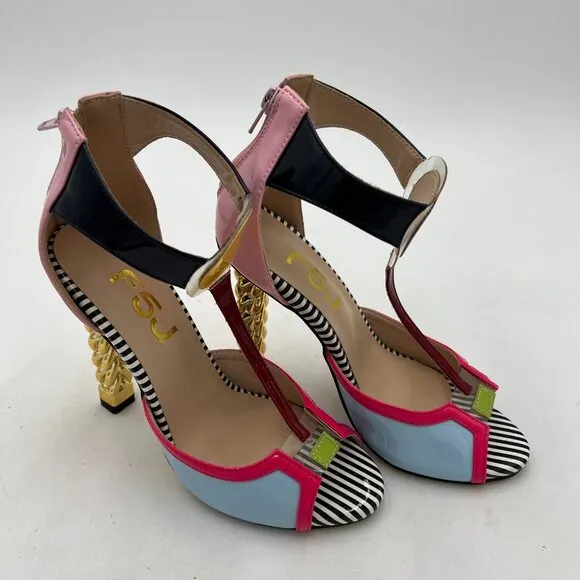FSJ Multicolored Sandal Gold Metal Chain Thick High Heel Open Toe T Strappy Shoe