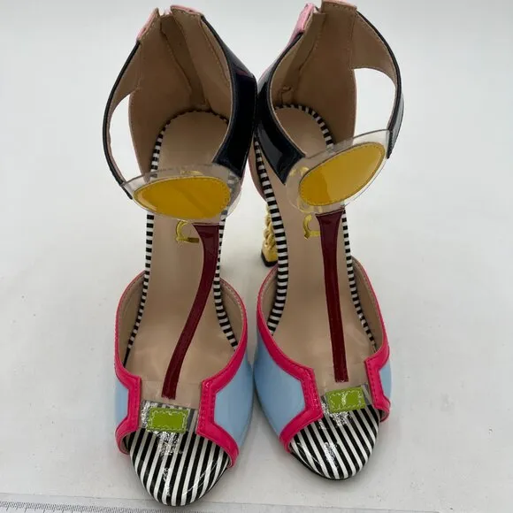 FSJ Multicolored Sandal Gold Metal Chain Thick High Heel Open Toe T Strappy Shoe