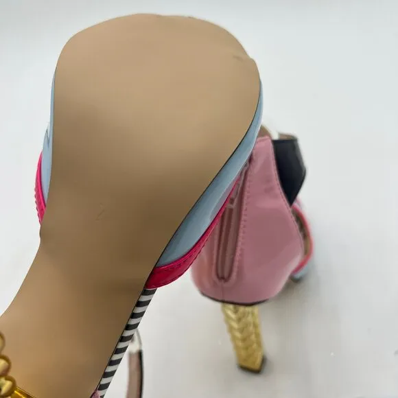 FSJ Multicolored Sandal Gold Metal Chain Thick High Heel Open Toe T Strappy Shoe