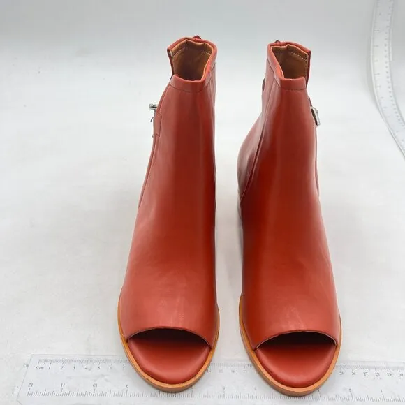 FSJ Saddle Brown Peep Open Toe Cut Out Buckle Block Low Heeled Ankle Bootie
