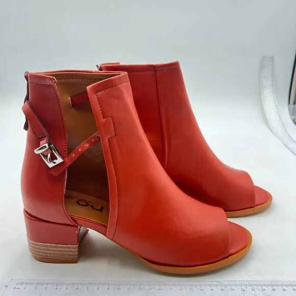 FSJ Saddle Brown Peep Open Toe Cut Out Buckle Block Low Heeled Ankle Bootie
