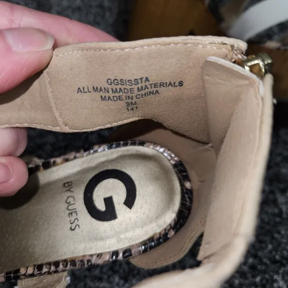 G by guess platform sandals, Chunky Thick Wedge, Tan,White,Snakeskin, Women's 9M
