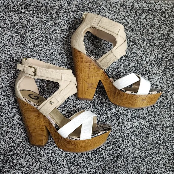 G by guess platform sandals, Chunky Thick Wedge, Tan,White,Snakeskin, Women's 9M