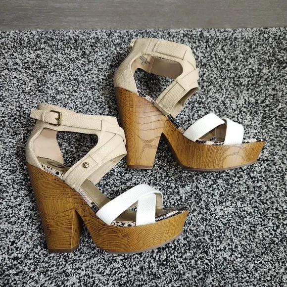 G by guess platform sandals, Chunky Thick Wedge, Tan,White,Snakeskin, Women's 9M