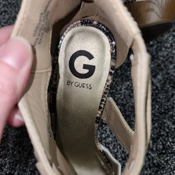 G by guess platform sandals, Chunky Thick Wedge, Tan,White,Snakeskin, Women's 9M