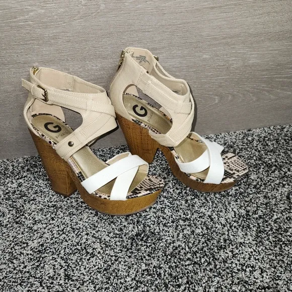G by guess platform sandals, Chunky Thick Wedge, Tan,White,Snakeskin, Women's 9M