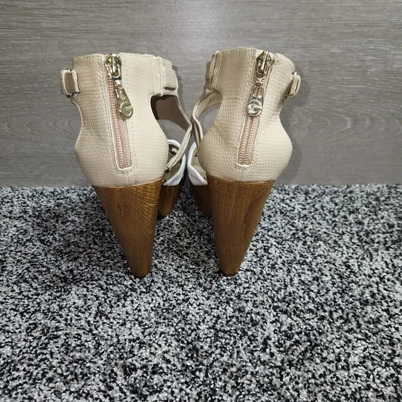 G by guess platform sandals, Chunky Thick Wedge, Tan,White,Snakeskin, Women's 9M